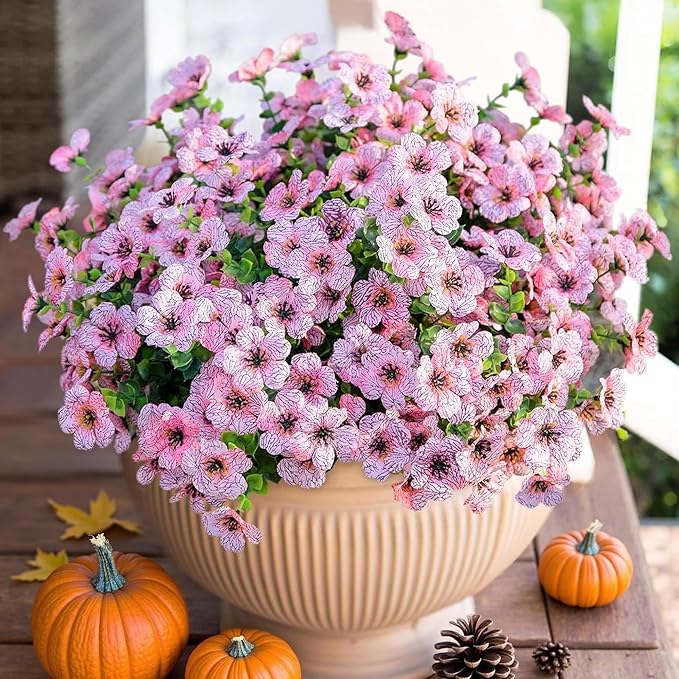HyeFlora Artificial Flowers for Outdoor Indoor Garden Home Decoration, Faux Flower Daisy with Eucalyptus Leaves Fake Plants Greenery Boxwood Porch Patio, 12 Bundles (Pink)