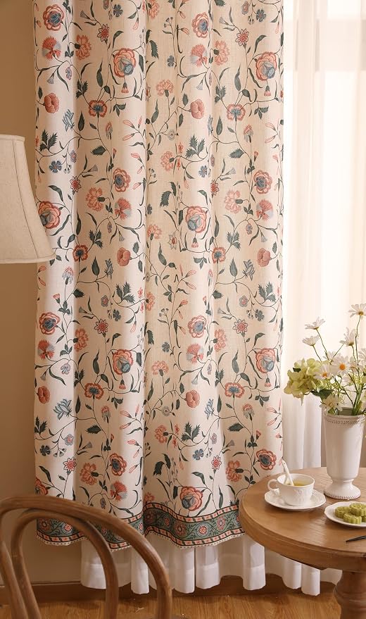 Designer French Linen Printed Curtains, 2 Panels, Floral Pattern Draps - Image 8