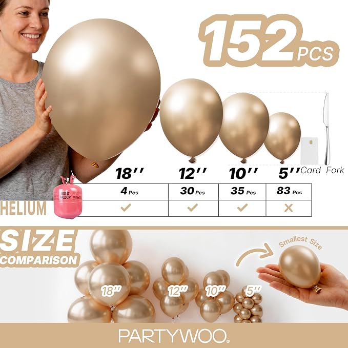 PartyWoo Metallic Gold Balloons 152pcs Chrome Gold Color 18 12 10 5 Inch | 18 - Image 6