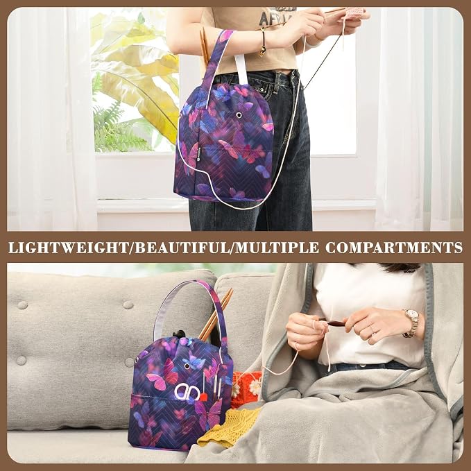 Purple Red Butterfly Yarn Bag Small Crochet Bag Drawstring Yarn Storage - Image 5