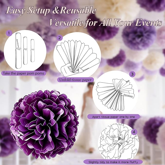AimtoHome Purple Paper Flower Balls, Dark Lavender Lilac Cream, - Image 4