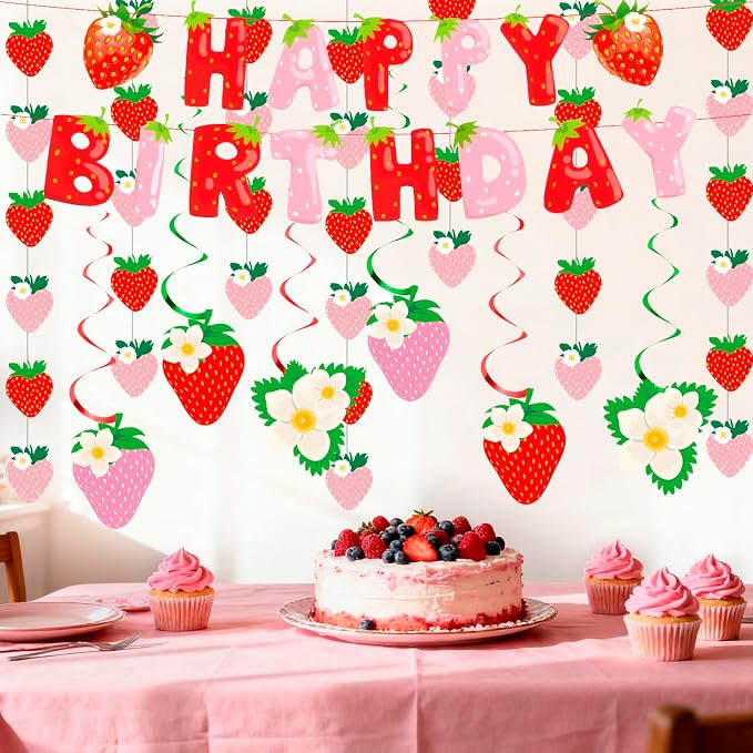 MEETINGU Happy Birthday Banner, Strawberry Theme Party Decoration Supplies - Image 3
