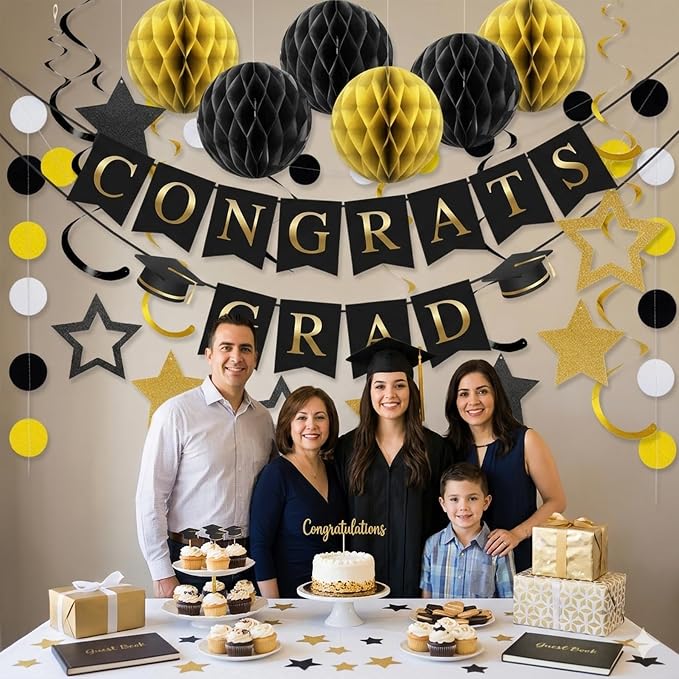 Graduation Decorations 2026-17Pcs Black and Gold Graduation Party Supplies - Image 5