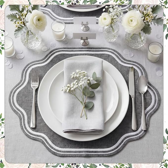 6 Pcs Gray Wedding Placemats Scalloped Embroidered Cotton Linen Placemats 17" x - Image 6