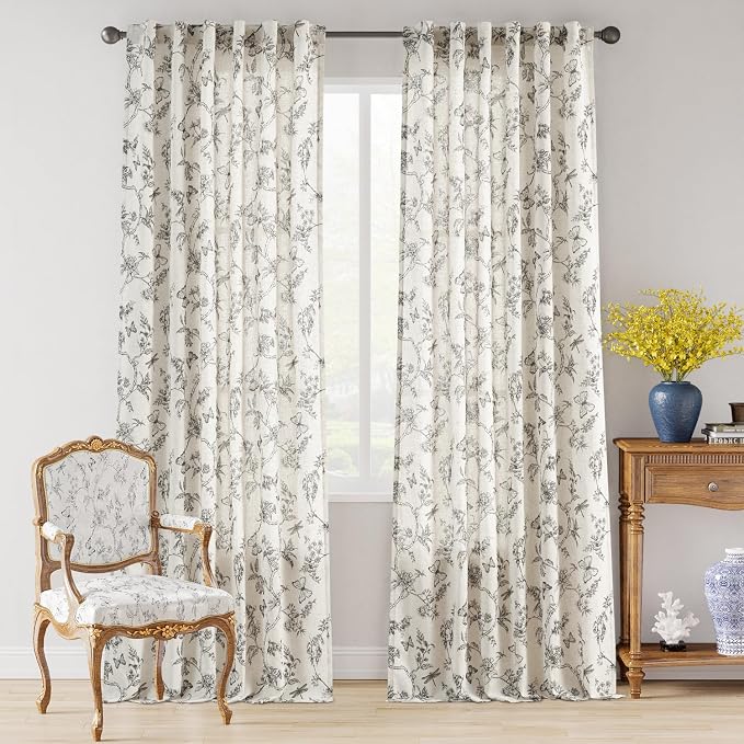 Black Floral Linen Curtains Farmhouse Rod Pocket 50W X 108L 2 Panels | - Image 2