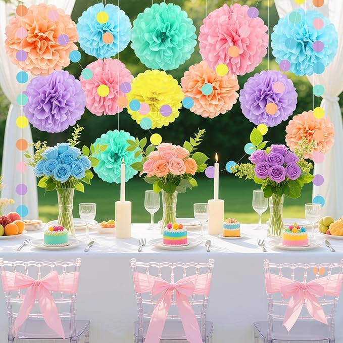 Macaron Colored Tissue Paper Pom Poms, Pastel Paper Pom Poms Circle Garland - Image 7