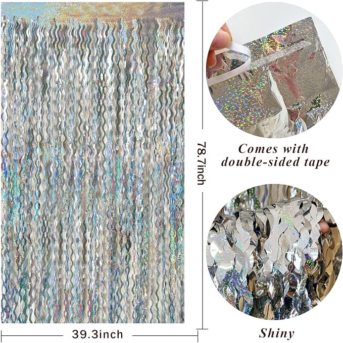 2 Pack Silver Backdrop Curtain Tinsel Streamers Sparkle Metallic Wavy Foil - Image 2