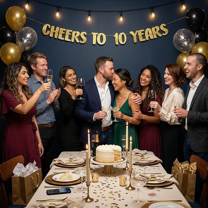 Pre-Strung Cheers to 10 Years Gold Glitter Banner - Image 5