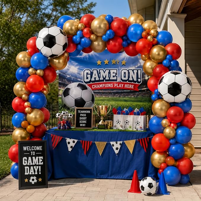 Soccer Balloons, 12 Inch Red and Blue Metallic Gold Latex Balloons - Image 4
