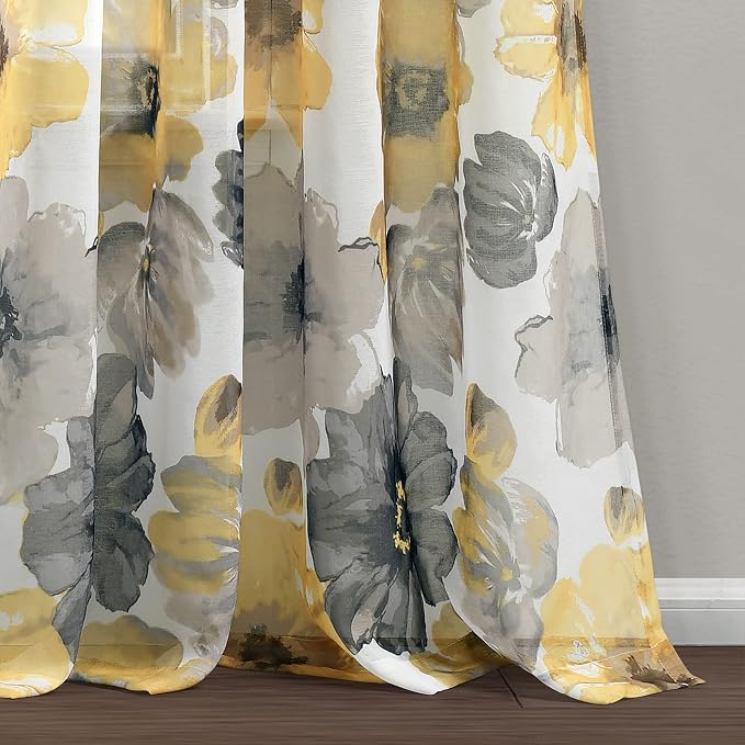 Lush Decor Leah Floral Sheer Window Curtain Panels Pair 52"W x 84"L Yellow & - Image 6