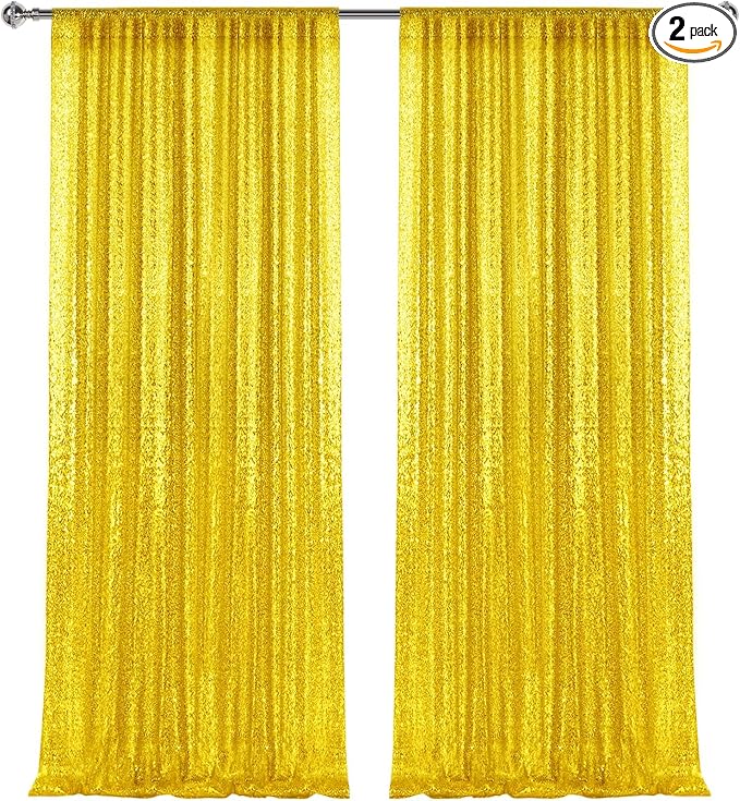 4×8FT-2PCS Bright Yellow Sequin Backdrop Curtains Panels, Photography Backdrop by Pufogu