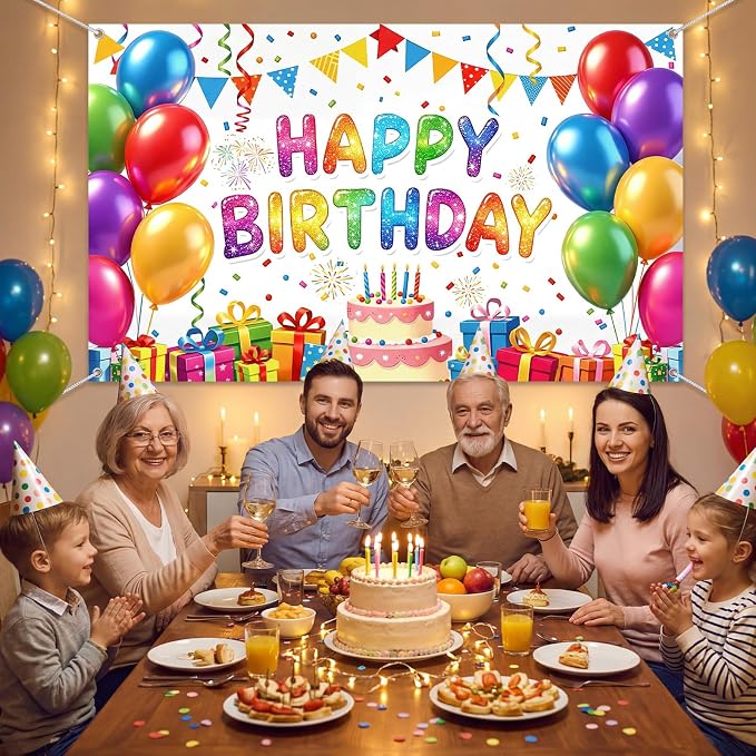 Blulu Happy Birthday Backdrop Banner Sign Poster Large Fabric Glitter Balloon - Image 7