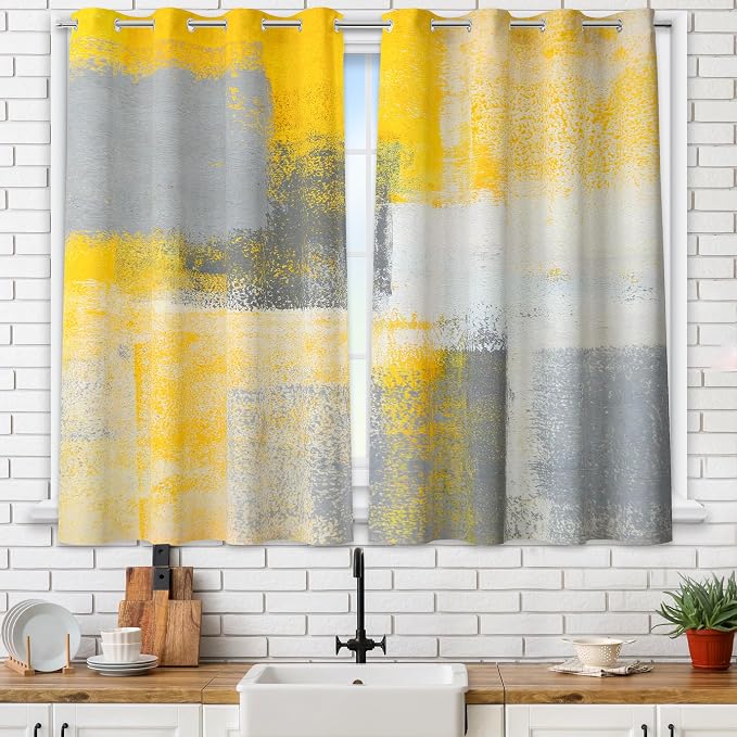 Yellow Window Curtain Yellow Grey Abstract Thermal Insulating Drapes Rust Art - Image 2