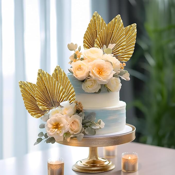 Ephlyn 6Pcs Paper Palm Leaves Fan Cake Toppers Palm Leaf Fan Cake Picks Craft DIY Fan Cupcake Toppers Palm Spear Leaves Cake Decorations for Baby Shower Wedding Birthday Party Supplies Bright Gold