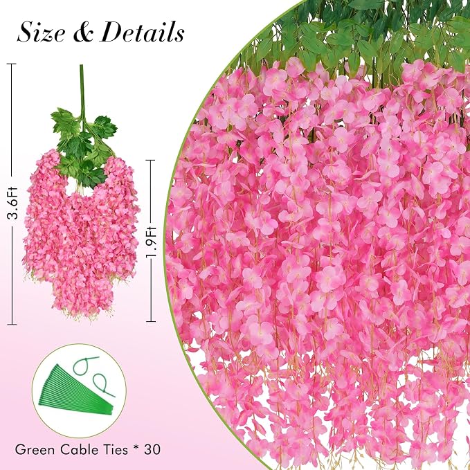 Wisteria Hanging Flowers, Fake Flowers, 24 Pack 3.6 Feet/Pcs Pink Wisteria - Image 4