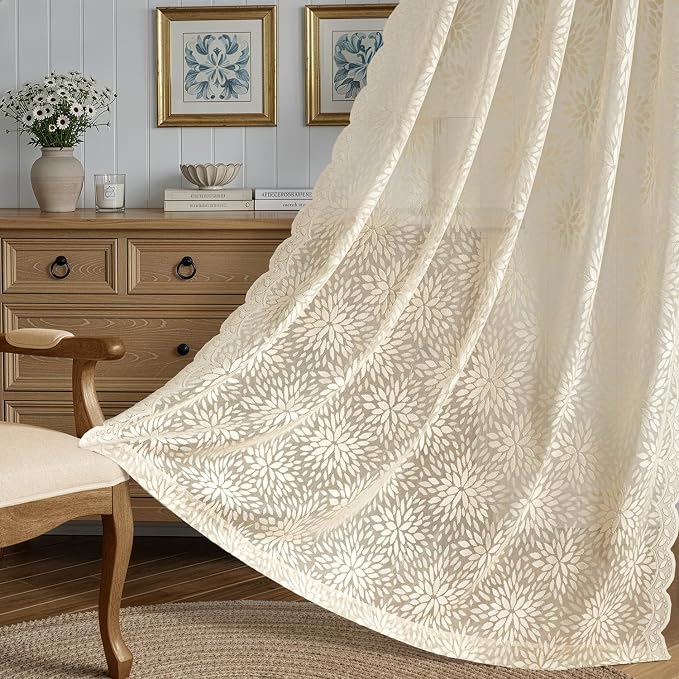 MIULEE Vintage Floral Scalloped Lace Curtains 2 Panels, Cream 52" W x 36" L | - Image 3
