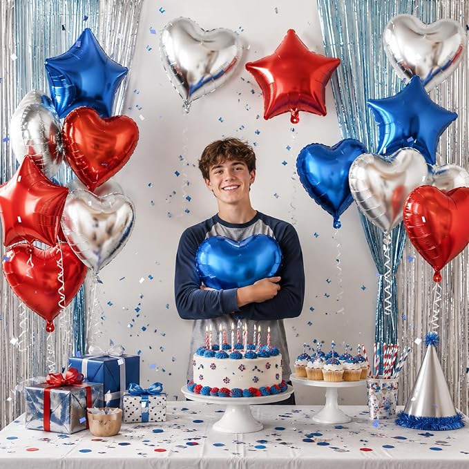 TONIFUL 18 Inch Blue Silver Red Star and Heart Foil Balloons - Image 3
