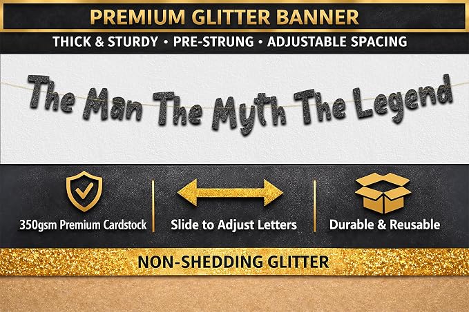 Pre-Strung The Man The Myth The Legend Black Glitter Banner - Image 3