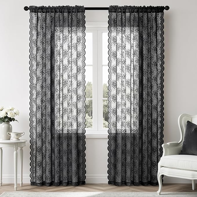 MIULEE Black Lace Curtains 90 inches Long, Victorian Floral Semi Sheer Curtains - Image 7