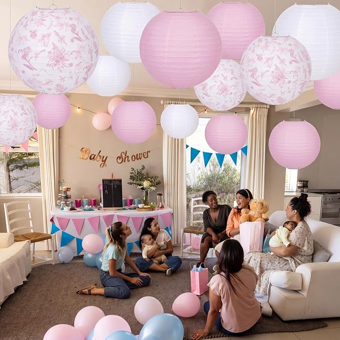 Riakrum 18 Pcs Floral Paper Lantern Set 10" 8" Pink and White Flower Chinese - Image 6