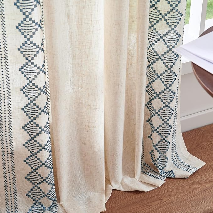 jinchan Floral Linen Curtains Embroidered Back Tab 50x63in 2 Panels Blue | - Image 7
