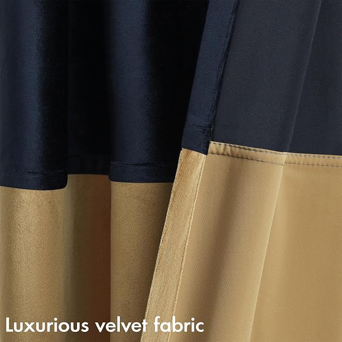 Blue Gold Velvet Blackout Curtains Luxury Decor 120 inches, Color Block | - Image 3