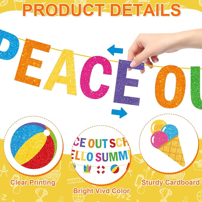Peace Out School Hello Summer Banner Decor, Last Day of School Decorations - Image 3