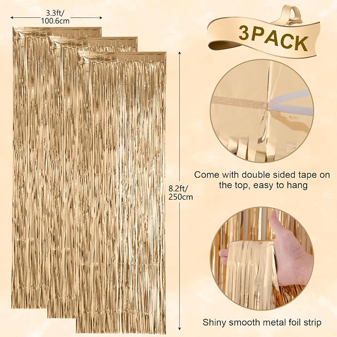 Voircoloria 3 Pack 3.3x8.2 Feet Champagne Foil Fringe Backdrop Curtains - Image 3