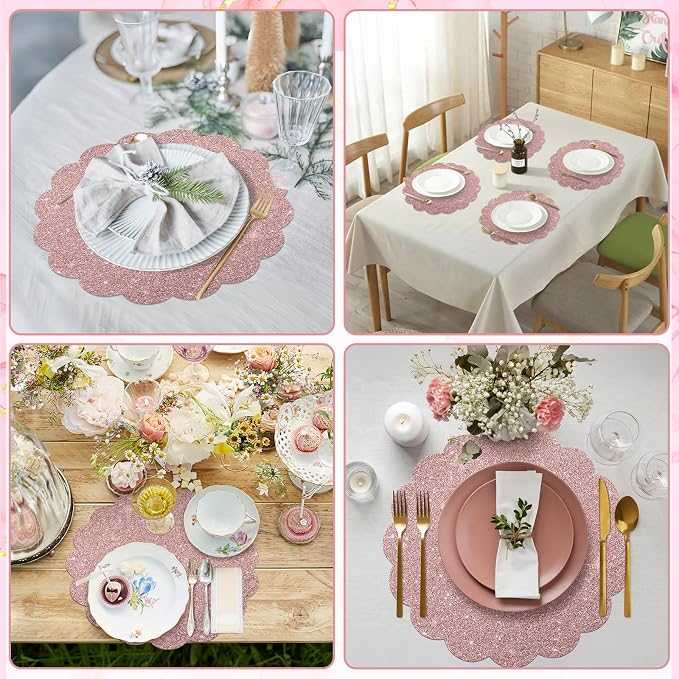 60 Pcs Rose Gold Glitter Paper Placemats, 13.5 Inch Scalloped Table Mats | - Image 7