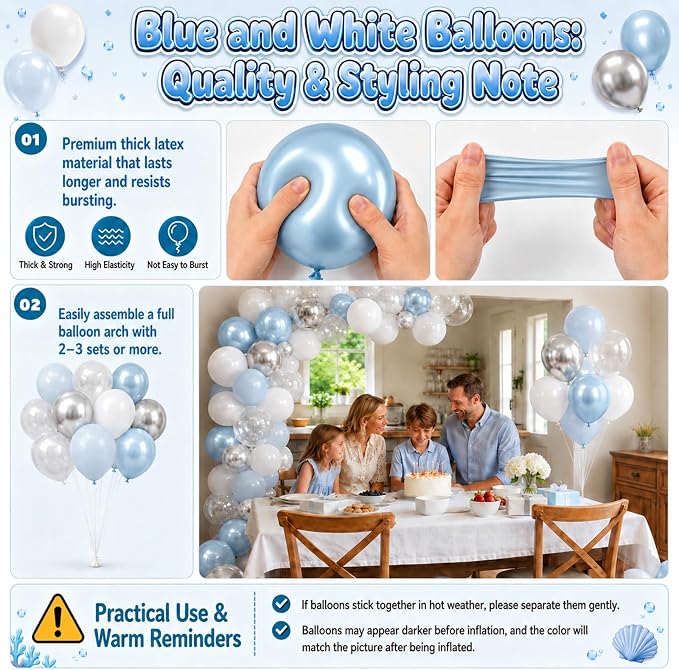 Blue and White Balloons, 12 Inch Baby Pastel Light Blue White Metallic Silver - Image 7