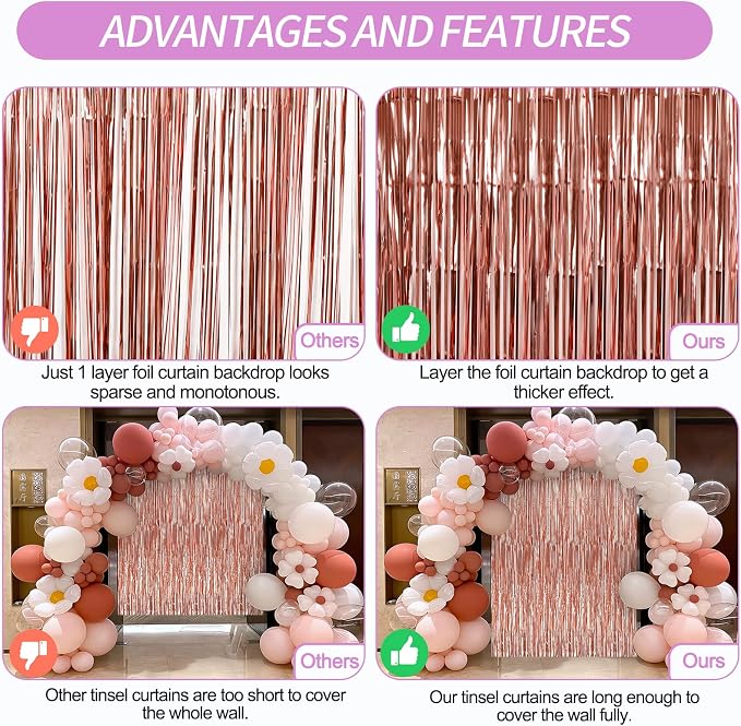Crosize 4 Pack Rose Gold Party Streamers Backdrop, 3.3 x 9.9 ft | Tinsel Foil - Image 3