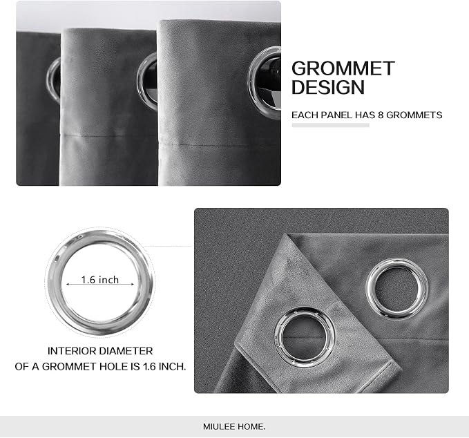 MIULEE Velvet Curtains Grey 52 x 84 Inch Length Set of 2 | Grommet Drapes - Image 2