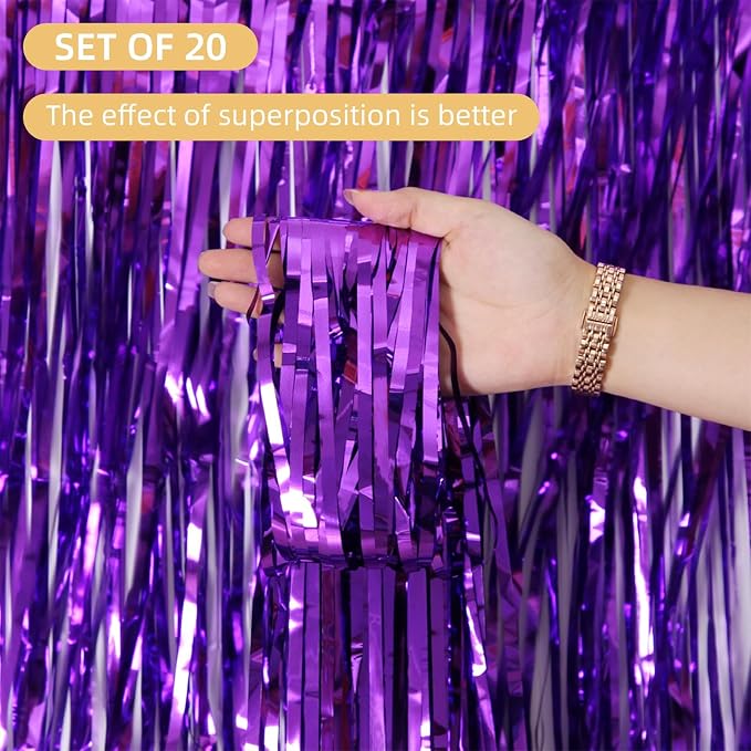 20 Pack Purple Foil Fringe Curtains 3.2ft x 8.2ft Fringe Backdrop Curtain - Image 2
