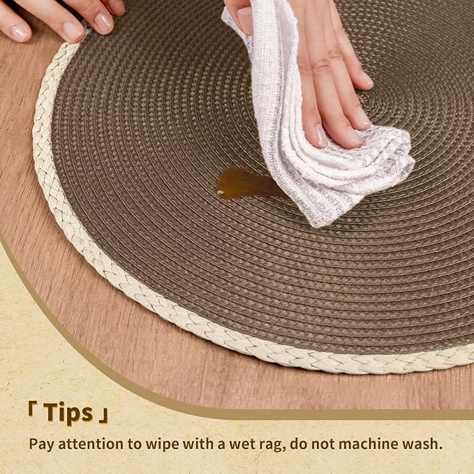 Round Placemats Set of 6, Woven Table Mats, Thin Edge, Coffee Brown | Braided - Image 4