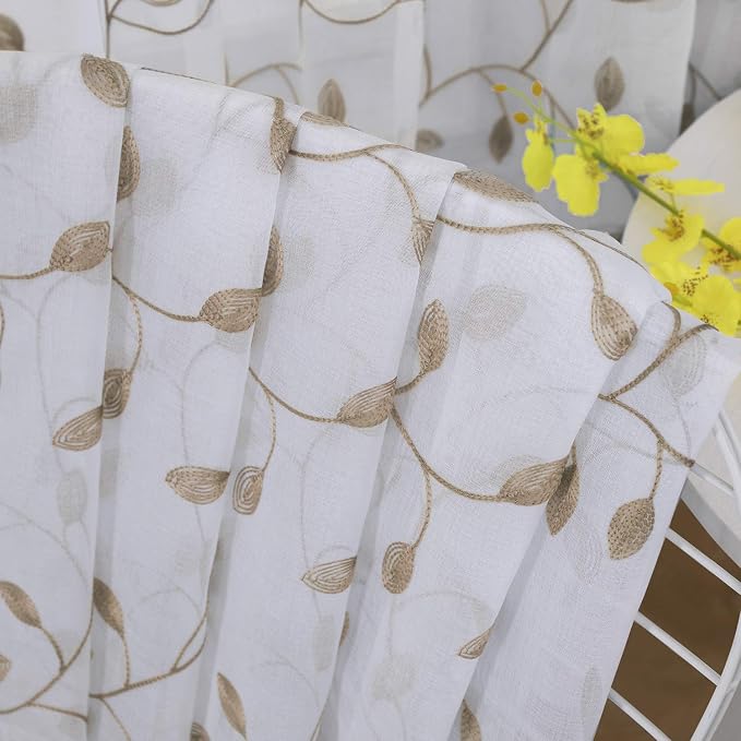 Tollpiz Leaves Sheer Curtain Taupe Leaf Embroidery Living Room Curtains Rod - Image 7