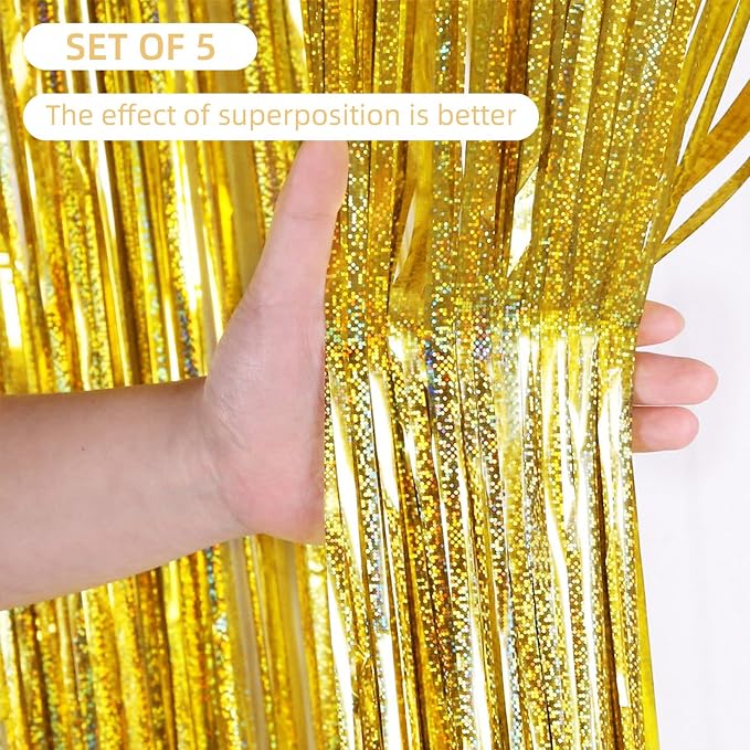5 Pack Gold Foil Curtain Backdrop 3.2ft x 9.8ft Metallic Tinsel Foil Fringe - Image 2