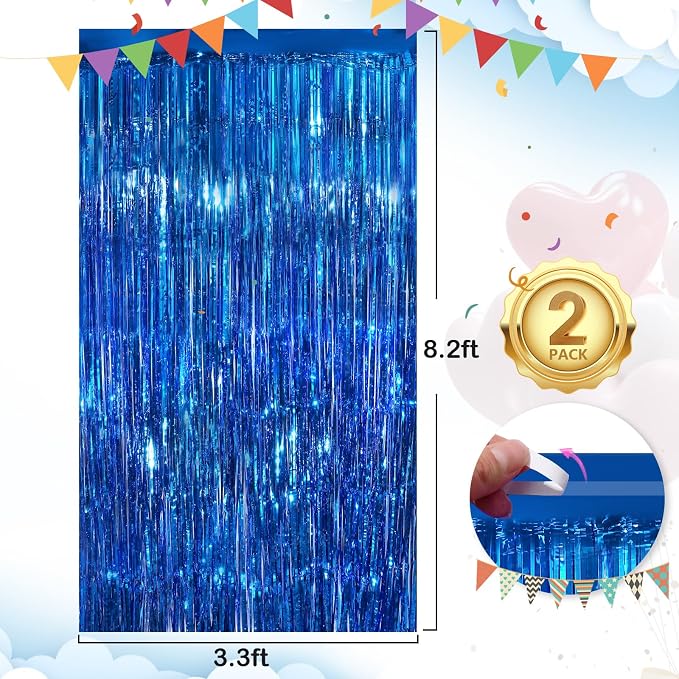 Blue Fringe Curtain Party Streamers 2Pack 3.3 x 8.3 Ft Foil Fringe Backdrop - Image 3