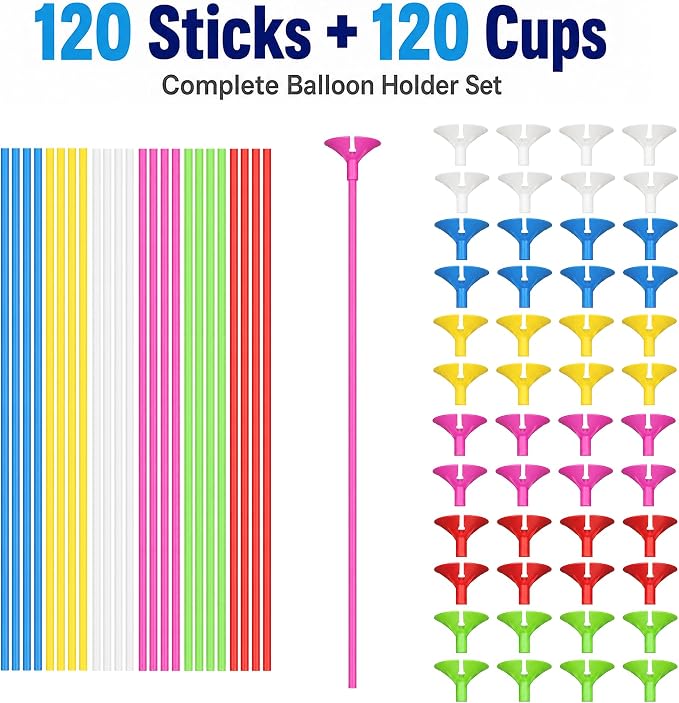 120pcs 12" Balloon Sticks Assorted Colors, Plastic Balloon Holders and Cups - Image 6