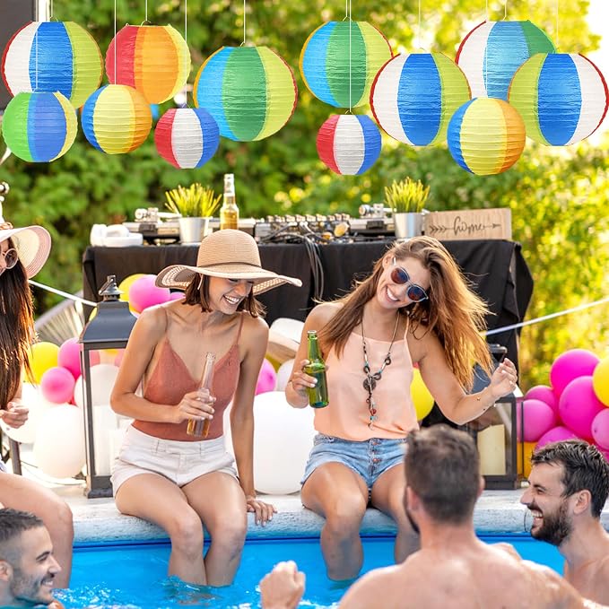 21Pcs Beach Ball Paper Lanterns, 4-10in Multicolor, Summer Luau Pool Decor | - Image 5