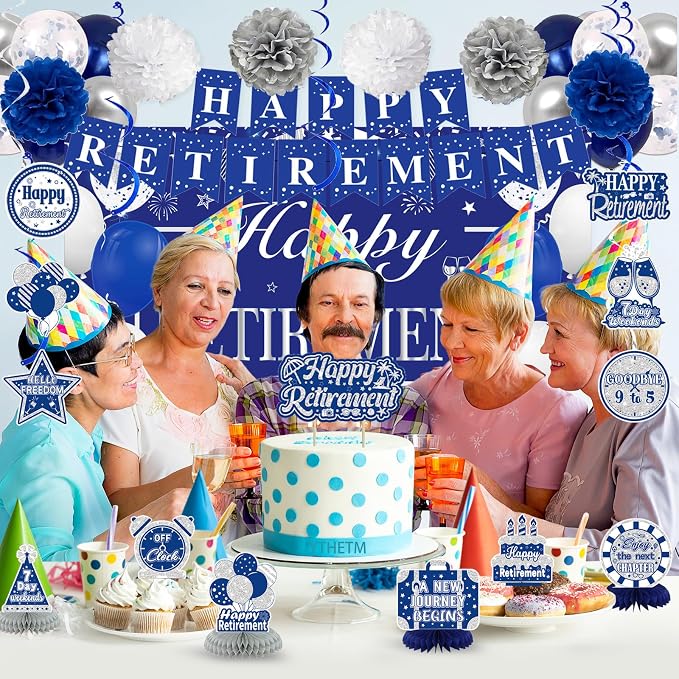 Retirement Party Decorations for Men Women Blue Silver Happy Retirement Banner - Image 7