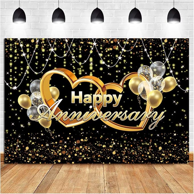 Happy Anniversary Backdrop Black and Gold Balloons Photography Background Poster - Image 3