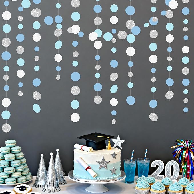 Dusty Blue Silver White Polka Dots Garland Hanging Paper Circle Dot Streamer - Image 5