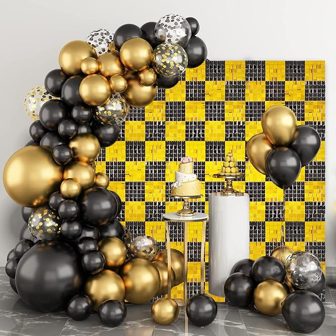 12PCS Black Gold Shimmer Wall Backdrop, Square Sequin Photo Backdrops Panel, Glitter Wall Background for Birthdays, Weddings, Christmas, Engagements, New Years Party Decor (3FTx4FT)