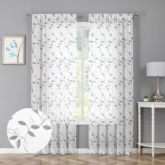 Tollpiz Sage Green Leaf Sheer Curtain Living Room 54 x 72 Inches | Leaves by Tollpiz