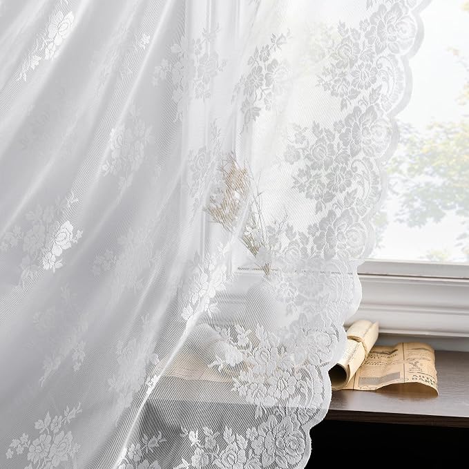 Kotile White Lace Kitchen Curtains Rustic Floral W52 x L36 Inch, 2 Panels | Rod - Image 7