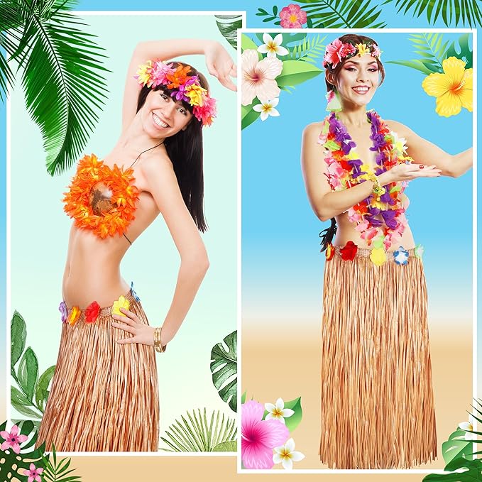 12PCS Hawaiian Table Skirt, Luau Themed Grass Table Skirt Party Supplies, Indoor Outdoor 108 X 29.5" Flower Tropical Hula Dance Parties Supplies Bulk, Table Skirt for Summer Beach Themed Party