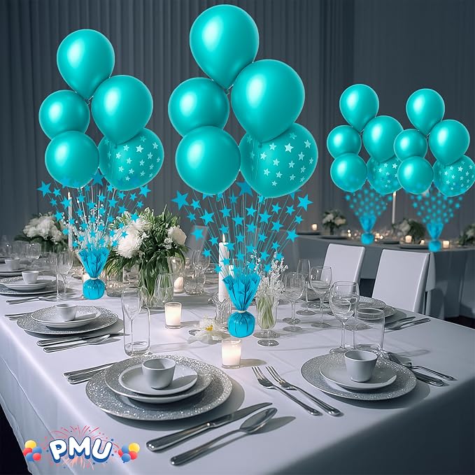 PMU Bursting Star Metallic Foil Spray Centerpiece- Turquoise Balloon Weights - Image 2