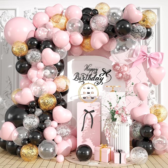 Pink and Black Balloon Arch Kit, Macaron Heart Latex Balloons by Saxuxu