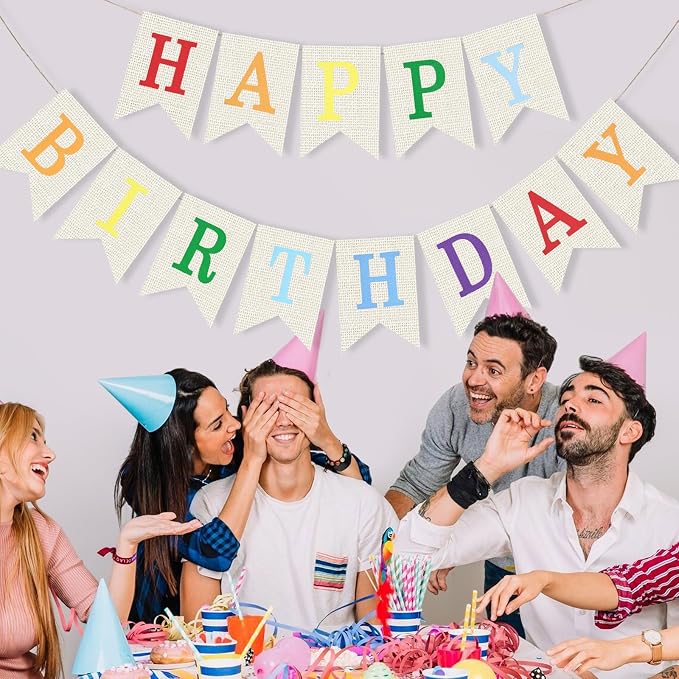 White Burlap Happy Birthday Banner Sign Birthday Garland Wall Door Hanging - Image 7