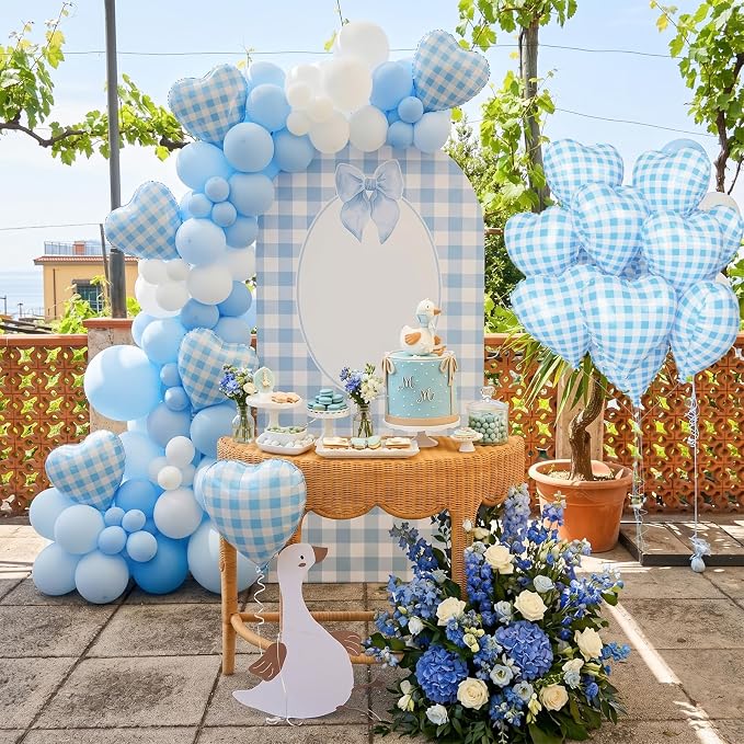 Blue Checkered Heart Balloons, 18 Inch Pastel Blue and White Gingham Heart - Image 4